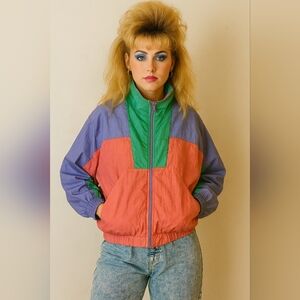 Vintage Casual Club Pink Green Pastel Color Color block Zip Windbreaker Jacket